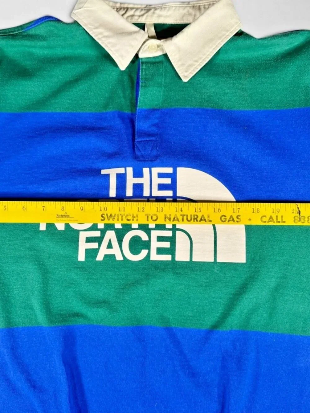 The North Face Rugby Shirt Mens L Blue Green Stripe Long Sleeve Logo Cotton